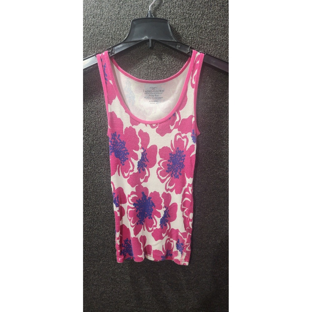 Faded Glory Pink Floral Ribbed Tank Top Small Cotton Blend Sleeveless